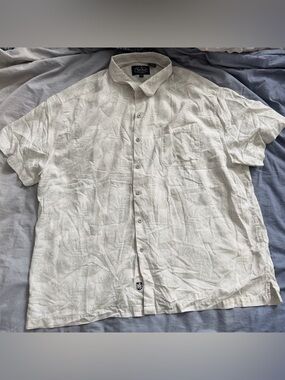 Nat Nast Light Green Palm-Print Short Sleeve Button-Up Silk Cotton Shirt